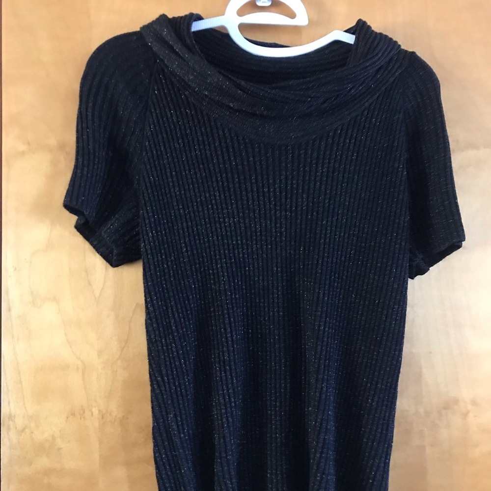 Black Ribbed Short-Sleeve top with Subtle Shimmer